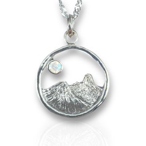 Mountain and Moon Necklace - Silver Necklace Pendant - Moonstone Necklace - Mountain Pendant - Nature Necklace - Ready to ship - UK Stock