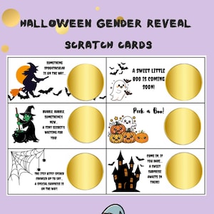 Può includere: Biglietti gratta e vinci per la rivelazione del genere di Halloween con varie illustrazioni spettrali. Le carte presentano una strega, un fantasma, zucche e una casa infestata. Ogni carta ha un'area dorata da grattare.