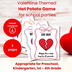 Może przedstawiać: Walentynkowy Hot Potato Game dla szkolnych przyjęć. Gra zawiera karty z podpowiedziami i czerwone serce. Karty zawierają tekst "OH NO!" i "Wiggle like a lady bug for 10 seconds". Odpowiednie dla przedszkola i klas 1-4.