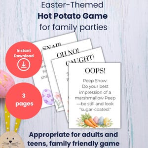 Może przedstawiać: Gra w gorącego ziemniaka o tematyce wielkanocnej na rodzinne imprezy. Obraz przedstawia kolorowe pisanki, karty do gry z instrukcjami oraz tekst "Natychmiastowe pobieranie" i "3 strony". Gra jest odpowiednia dla dorosłych i nastolatków.