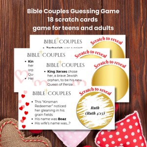 May include: A Bible Couples Guessing Game with 18 scratch cards for teens and adults. The cards have clues to guess Bible couples. The image shows the cards with a wooden background and decorative hearts.