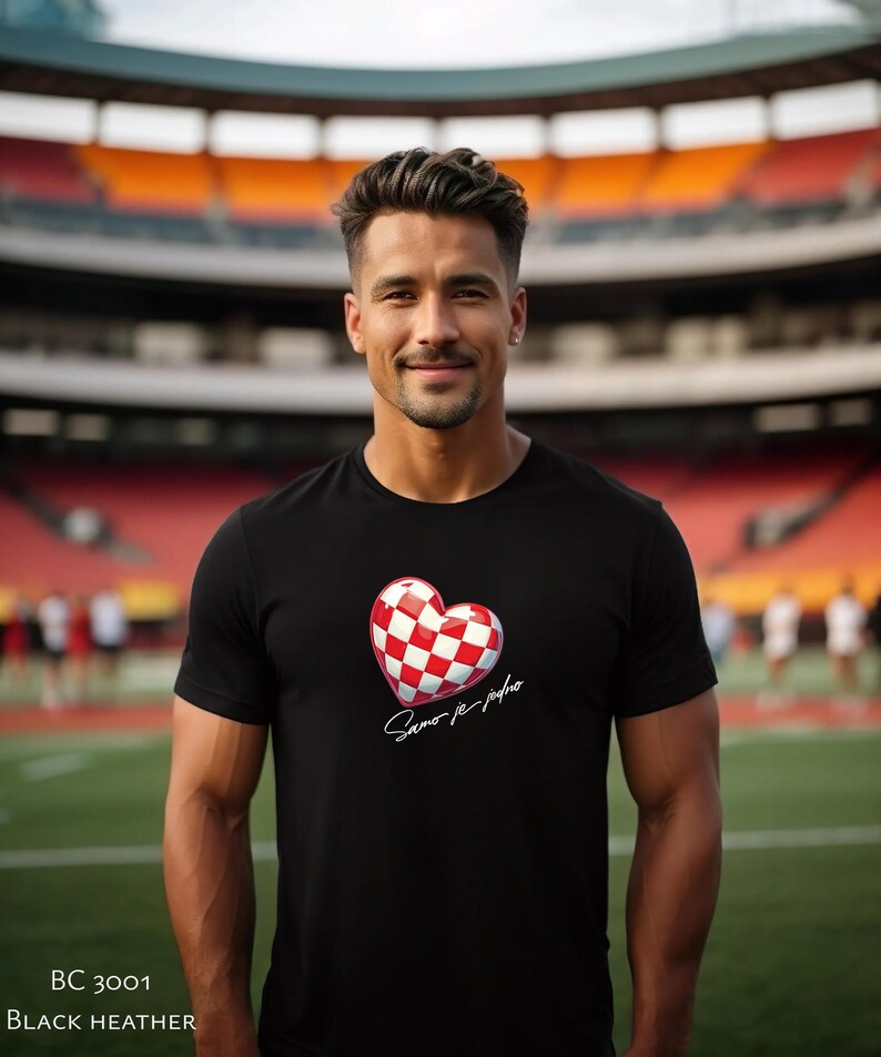 May include: A black t-shirt featuring a red and white chequered heart design with the text "Samo je jedno" in white script.