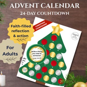 May include: A Christmas tree-shaped advent calendar with 24 numbered scratch-off circles in red, gold, and silver. The text reads ADVENT CALENDAR 24-DAY COUNTDOWN, Faith-filled reflection & action, For Adults, CHRISTMAS COUNTDOWN, and Luke 1:5-25.