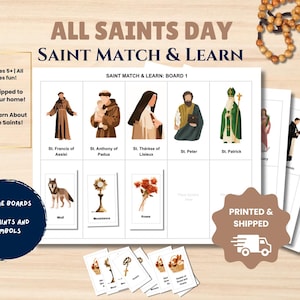 May include: An All Saints Day Saint Match & Learn game set featuring four game boards and twenty cards with illustrations of saints and religious symbols. The boards display figures like St. Francis of Assisi and St. Patrick with labels.