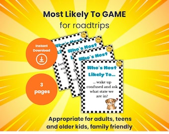 Meest waarschijnlijke game voor tieners, roadtrip-autogames, reisactiviteit tiener, familievakantie verveling, afdrukbaar reisspel, pdf-download