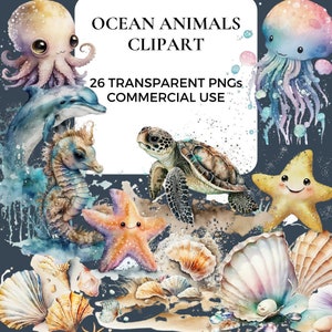 Paquete de 26 imágenes prediseñadas de animales marinos en acuarela, imágenes prediseñadas de animales marinos, vida marina, descarga instantánea, uso comercial