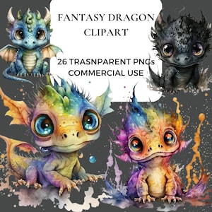 Fantasy Dragon Clipart, Dragon Cliparts, schattige babydraak, PNG-drakenafbeeldingen, instant digitale download, aquareleffect, commercieel gebruik