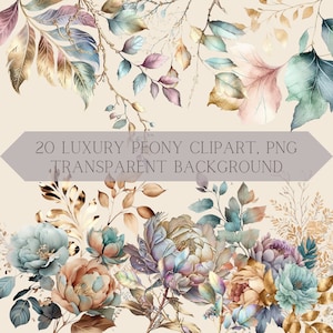 20 PNG aquarelle pastel et or pivoines Clipart, lot de cliparts pivoine, faire-part de mariage PNG, usage Commercial, cartes de voeux, cartes RSVP