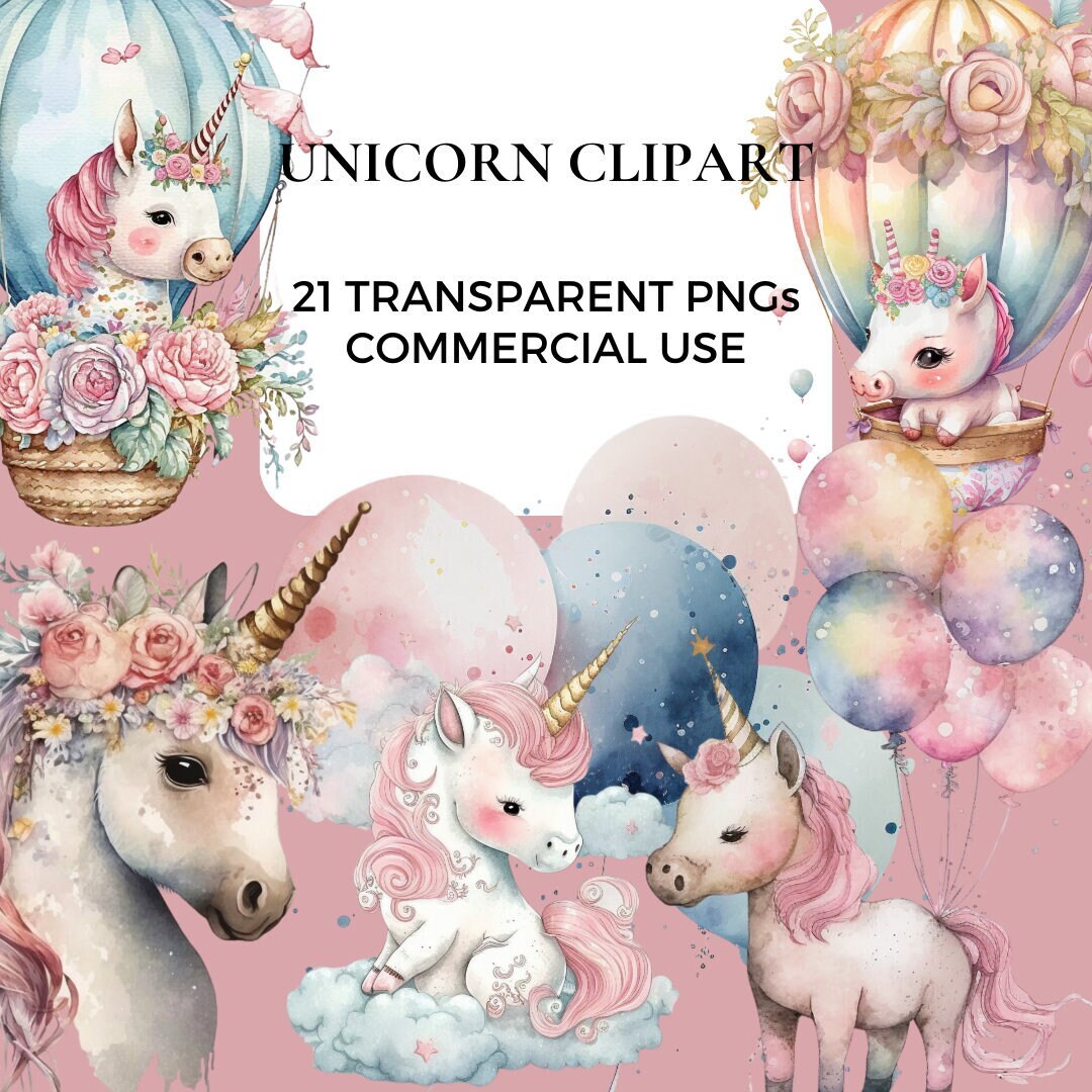 Watercolor Baby Unicorn PNG Clipart / Flower Horse / Hot Air Balloons ...