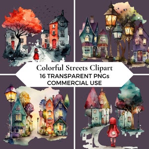 Clipart sprookjesachtige straat / Kleurrijk Wonderland / Transparante png's / Commercieel gebruik / Klein meisje in rode jurk met zwarte kat