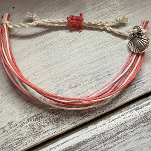 Wax String Bracelet- white, light pink, hot pink (seashell charm)