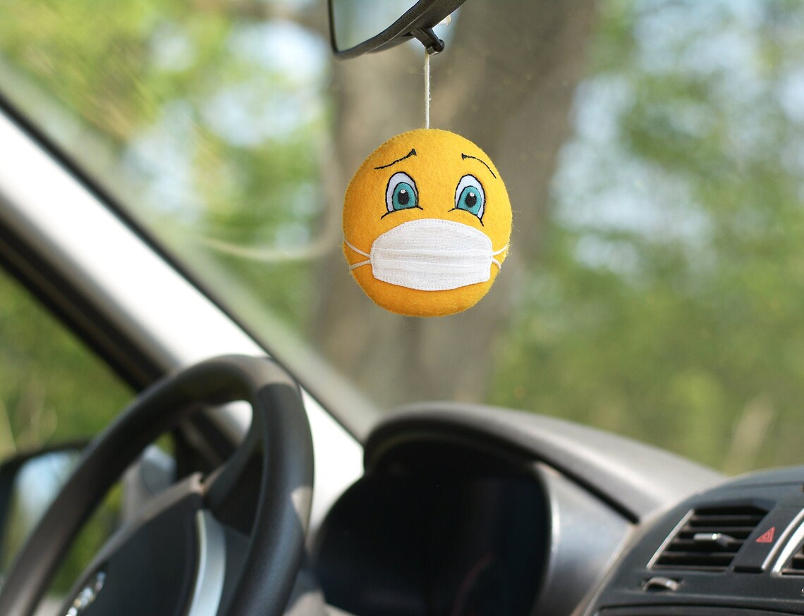 Smiley face car charm. Emoji with Mask. Rear View Mirror Etsy