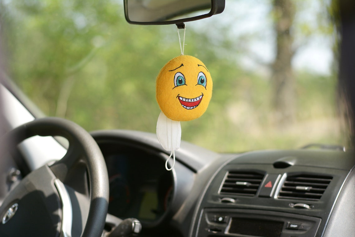 Smiley face car charm. Emoji with Mask. Rear View Mirror Etsy