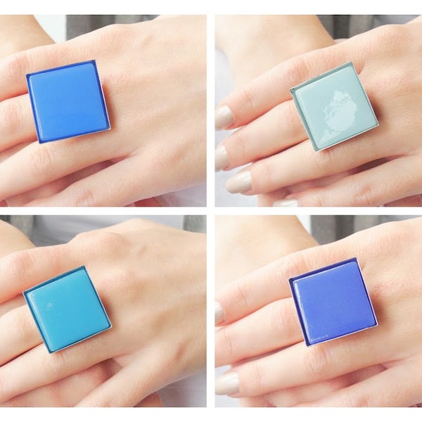 Square feminine artisanal ring in silver brass with blue glass paste (several shades) | Adjustable support | Unique women's gift