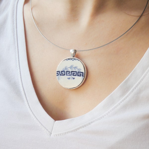 Round white earthenware pendant necklace with Greek motif | Silver Brass Holder | Unique handcrafted jewelry for women