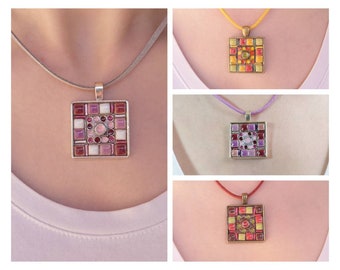 Square mosaic pendant, colorful central metal charm, assorted micro-porcelain, several colors available.