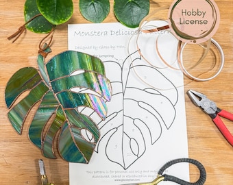 Motif de vitrail feuille de Monstera, décoration tropicale bricolage (téléchargement numérique)