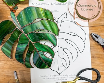 Motif de vitrail feuille de Monstera, décoration tropicale à faire soi-même (PDF et SVG)
