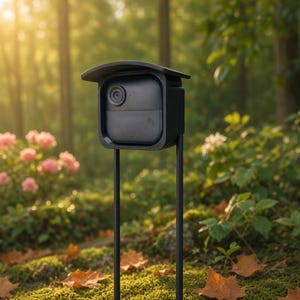 May include: A black outdoor security camera mounted on two thin metal stakes. The camera unit features a square housing with a protective top visor and a circular lens positioned in the upper left corner, designed for placement in a garden setting.
