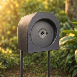 May include: A matte black, semi-circular outdoor speaker housing featuring a central circular driver unit. The device is mounted on two thin, vertical black metal poles that extend downward, providing a stable elevated support structure.