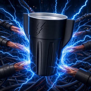 Könnte beinhalten: Ein schwarzer zylindrischer Becher mit silbernem Rand und einem Blitz-Emblem auf der Vorderseite, umgeben von mehreren schwarzen Stromkabeln mit freiliegenden Kupferdrähten und hellblauen elektrischen Funken an den Verbindungspunkten.
