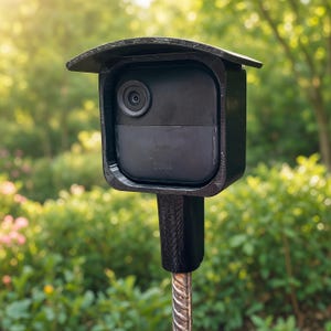 Peut inclure: Un boîtier de caméra de sécurité noir avec une visière de protection, monté sur un poteau vertical texturé. L'unité carrée comporte un objectif circulaire et le mot Blink imprimé sur le devant, encastré dans un cadre noir mat aux couches visibles.