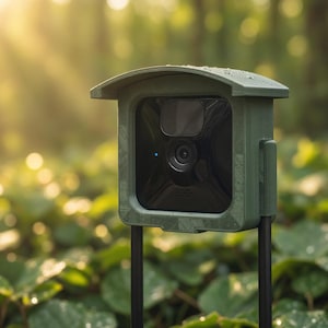 May include: A square outdoor security camera with a matte olive green protective housing and a small roof-like overhang. The device features a black front panel with a central lens and a small blue indicator light, mounted on two thin black poles.