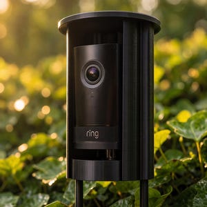 Puede incluir: Una carcasa cilíndrica negra para cámara de seguridad con soporte vertical, que presenta una lente central y la palabra ring impresa en blanco en la parte frontal. El dispositivo está colocado en posición vertical con dos patas finas.
