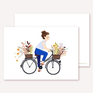 Postkarte – Blumenfahrrad; Camper, Reise, Weltreise, Abenteuer, Koffer, Blumen, Illustration, On the Road, Bus