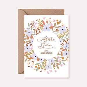 Tarjeta plegable – Todo lo mejor // Papel reciclado, tinta ecológica: Tarjeta de felicitación, cumpleaños, corona floral, escandinava, regalo, beige, tonos tierra, letras