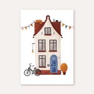 Postal – Casinha - Porta Azul // Papel reciclado, tinta ecológica: Casinha nórdica, bicicleta, gato, bandeirinha, decoração de parede, cor quente