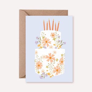Biglietto pieghevole – Torta di compleanno // Carta riciclata, inchiostro ecologico: Congratulazioni, compleanno, torta, fiori, candele, scandinavo, illustrazione