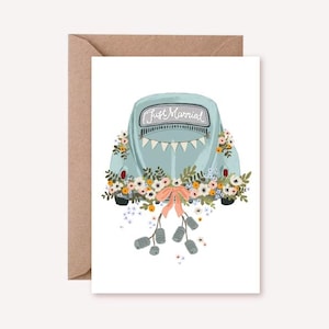 Vouwkaart – Net getrouwd; Wenskaart, bruiloft, bruiloft, gefeliciteerd, bloemen, auto, blikjes, pastelkleuren, illustratie