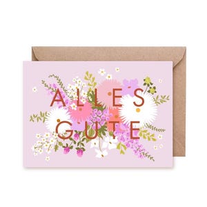 Klappkarte – Alles Gute - Rosa // Recyclingpapier,Ökofarbe: Grußkarte, wilde Blumen, Glückwunsch, große Buchstaben, Geburtstag, Wiesenblumen
