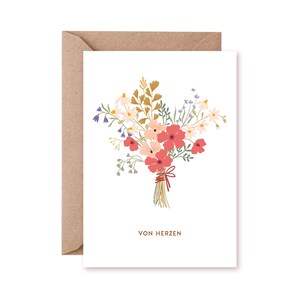 Biglietto pieghevole – Dal cuore // Carta riciclata, inchiostro ecologico: biglietto di auguri, fiori di campo, congratulazioni, bouquet, compleanno, fiori di campo, pastello