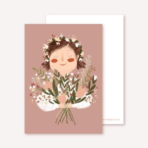 Postkarte – Blumenmädchen // Recyclingpapier, Ökofarbe: Liebe Grüße, Blumenstrauß, Illustration, Danke sagen, Rosa, Freundin