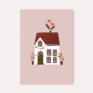 Carte postale – Maison de campagne // Papier recyclé, encre écologique : Maison de campagne chaleureuse avec fleurs et guirlande, tons terre, rose, style campagnard