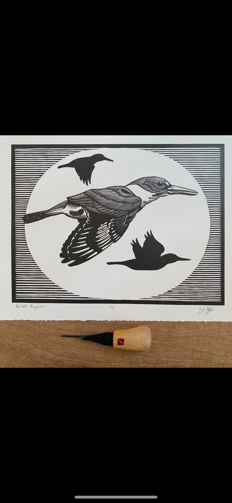 Belted kingfisher. Linocut. 9x12 image 1