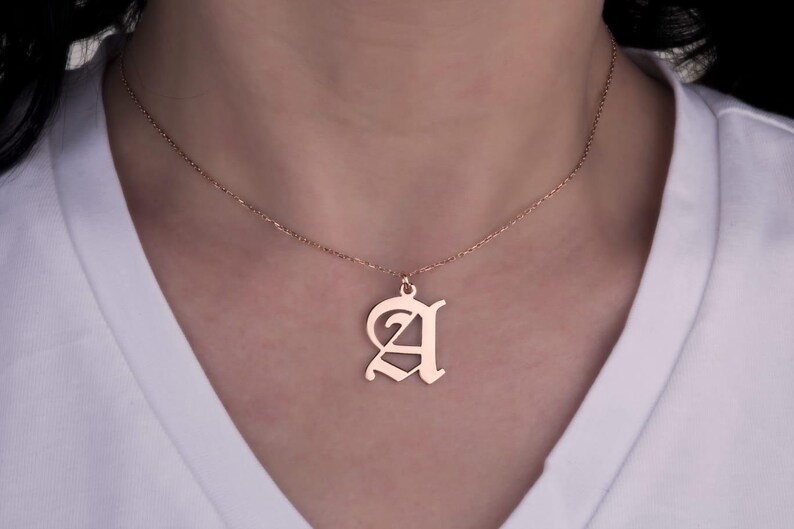 Old English Letter Initial Necklace Bridesmaid Gift Gold or Silver Personalized Name Jewelry Gift For Mom Gothic Style Necklace for Her