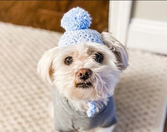 Crochet Dog/Puppy Winter All Season Hats, Pet clothing and accessories, lightweight dog custom beanie with straps and pom pom