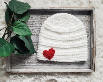 Heart Beanie | Fitted Crochet Warm Winter Hat | White Bulky | Womens Fashion Soft | Ski Cap | Trendy Gift For Her | Teen Adult | Valentine