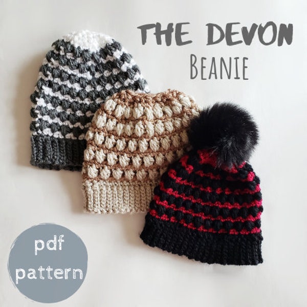 Pattern only- The Devon Beanie crochet hat and messy bun/ponytail options, warm child adult, winter bulky cap with pom, diy  pdf tutorial