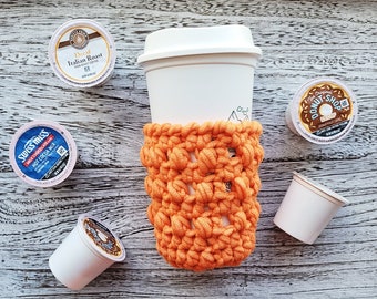 Crochet coffee cozie, Orange water/shake bottle and drink holder, custom reusable Eco friendly, warm cold beverages, fall gift, Halloween