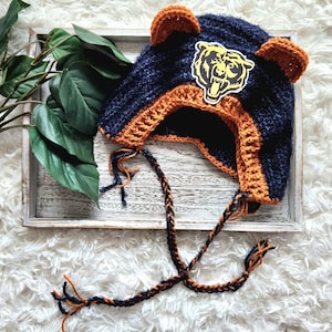 Chicago Bears winter hat with tassels, warm crochet handmade trendy hood, Christmas gift for sports football fan apparel
