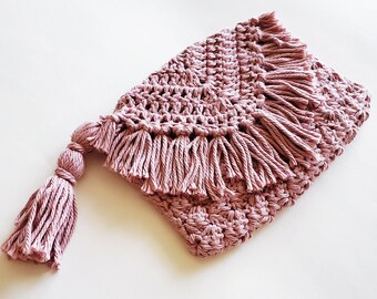 Muster nur - häkeln Clutch Geldbörse, kokette Fransen diy Tasche, trendige Abendtasche mit Schnappverschluss, Boho Quaste Clutch, PDF-Anleitung