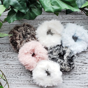 Faux Fur Scrunchies, Soft Hair Ties, Crochet Scrunchy, Luxury Accessories, Large Elastic, Ponytail holder, Stretchy, Made in USA, Furry