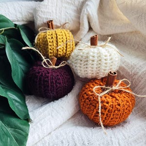May include: Four crocheted pumpkins in different colors: mustard yellow, white, burgundy, and orange. Each pumpkin has a cinnamon stick stem and twine accents.