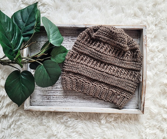 Crochet Slouchy Hat Warm Winter Beanie Brown Bulky Womens