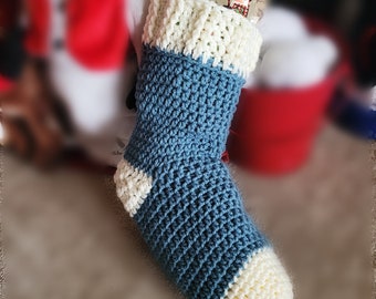 Christmas Stocking, crochet blue and white handmade present, holiday sock, custom xmas gift, ready to ship,