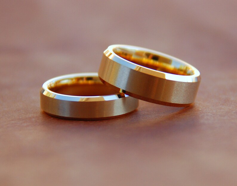 Tungsten couple Wedding band,Tungsten Gold IP plated brushed center and shiny beveled Ring,FREE ENGRAVING His /& Her Matching Engagement ring